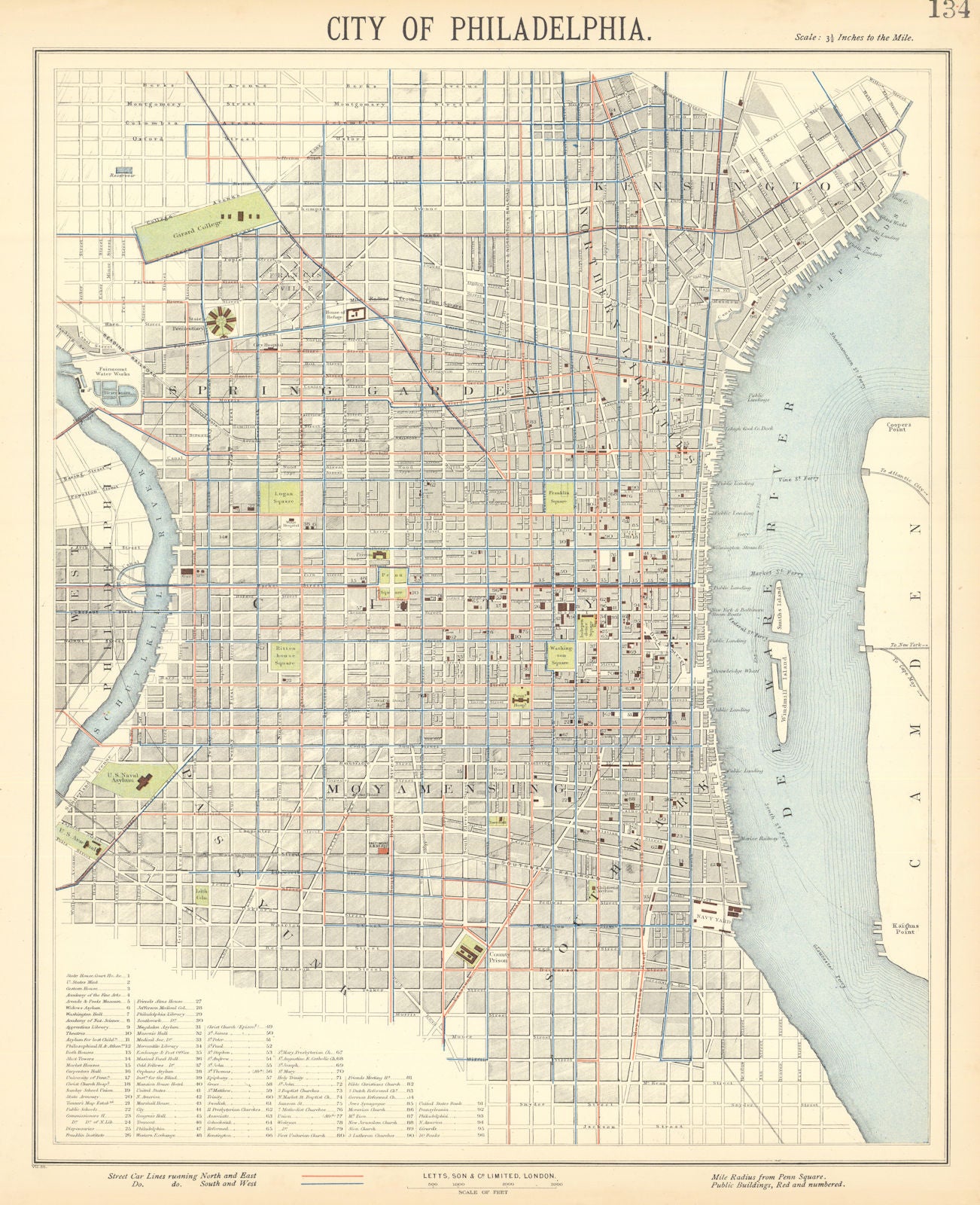 PHILADELPHIA antique town city map plan. Streetcar lines. LETTS 1892 old